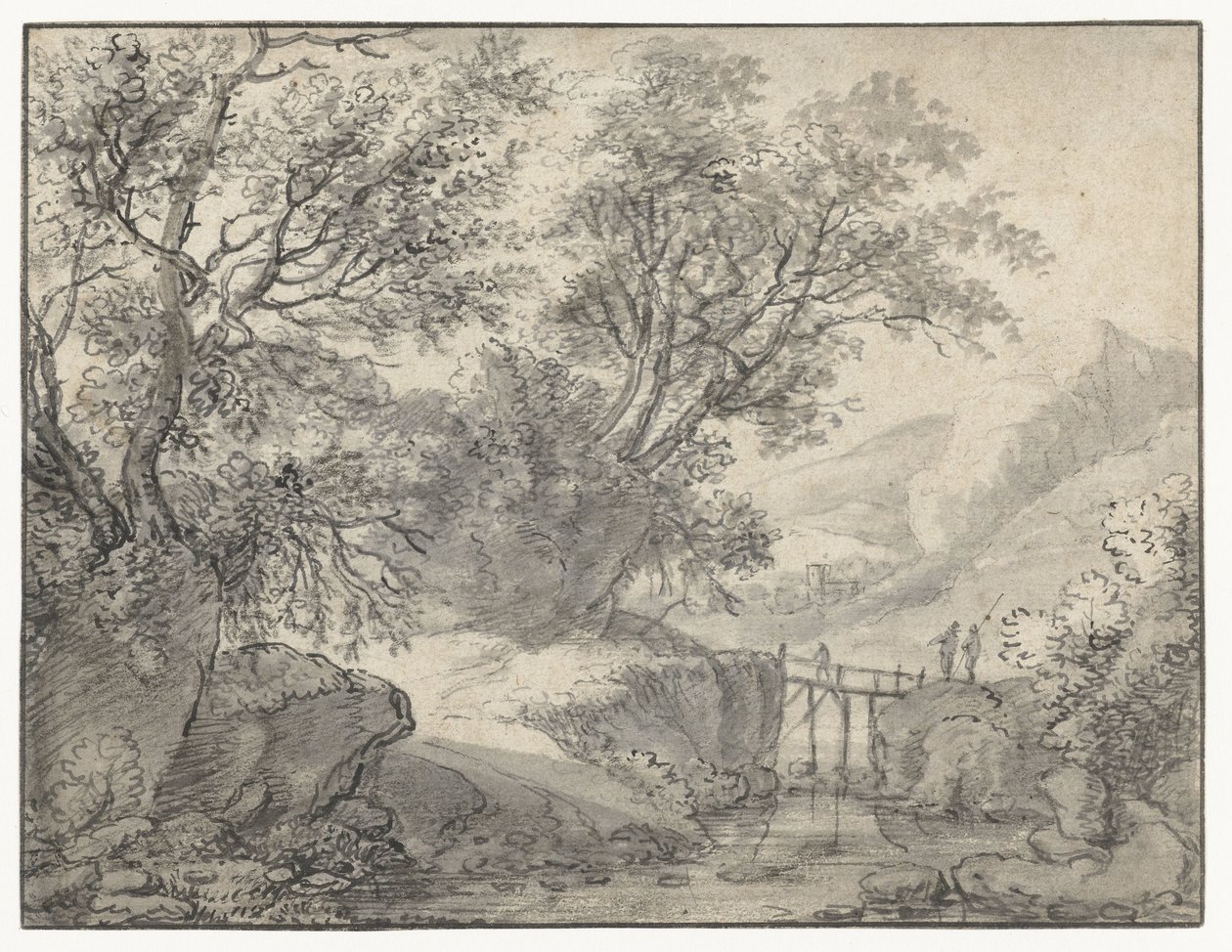 Paisagem de montanha com árvores e uma ponte sobre um riacho de Anthonie Waterloo