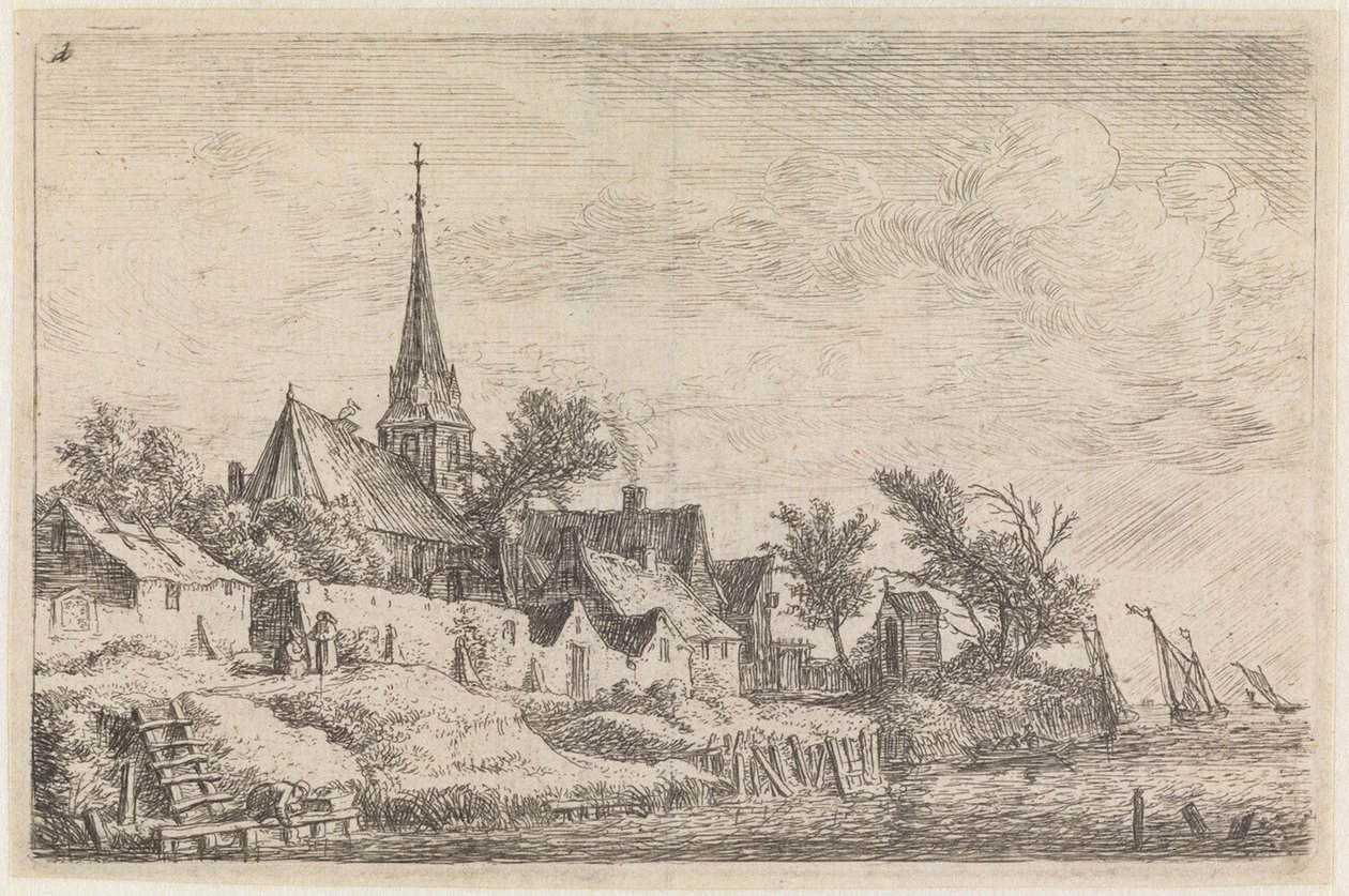 Aldeia com uma igreja de torre pontiaguda à beira-mar (n.º 4 de uma série de 12 gravuras) de Anthonie Waterloo