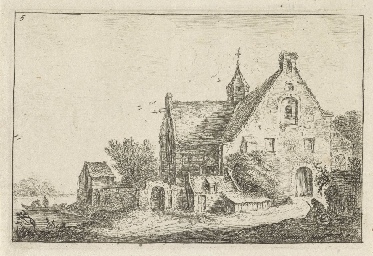 Igreja da vila na água Paisagens com edifícios (título da série) de Anthonie Waterloo