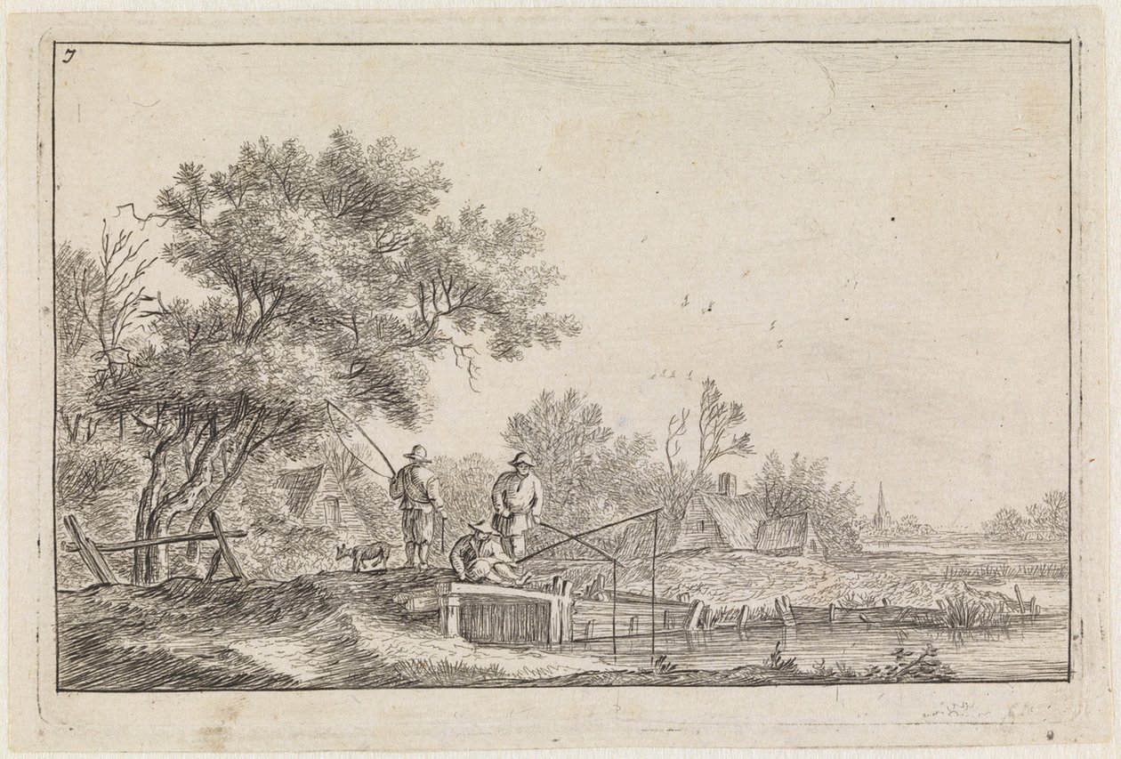 Três pescadores na pequena ponte (n.º 7 de uma série de 12 gravuras) de Anthonie Waterloo