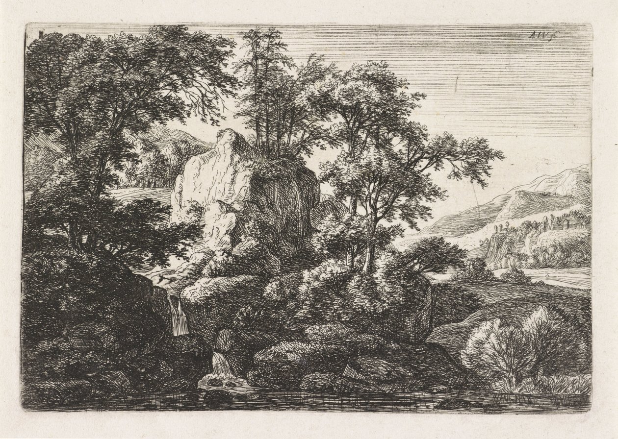 Cachoeira dupla Paisagens com pedras (título da série) de Anthonie Waterloo