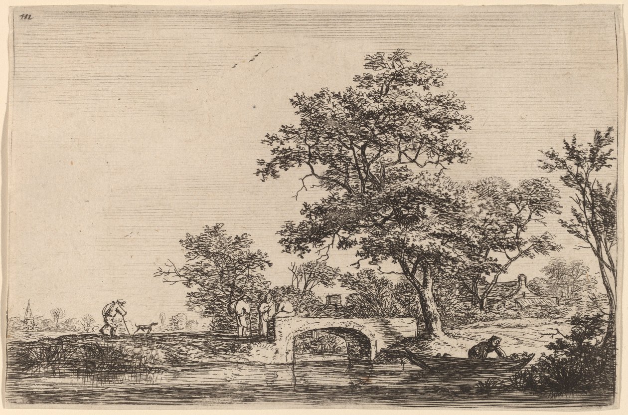 Quatro homens em uma ponte de pedra de Anthonie Waterloo