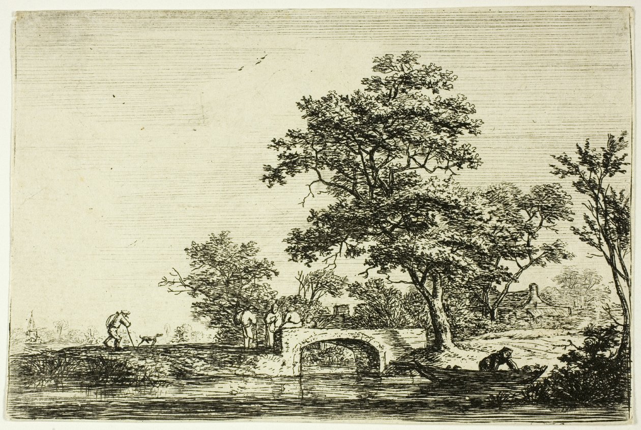 Quatro homens em uma ponte de pedra de Anthonie Waterloo