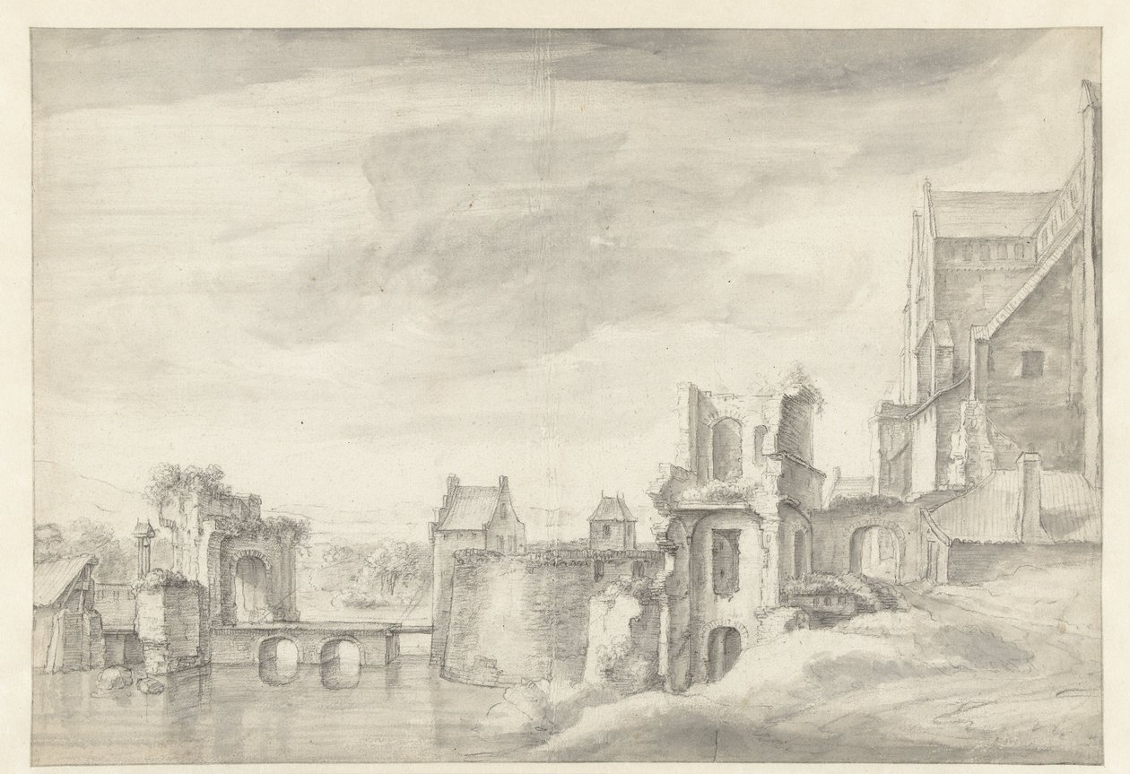 Vista das ruínas de uma margem de um rio (St Walburgkerk em Arnhem?) de Anthonie Waterloo
