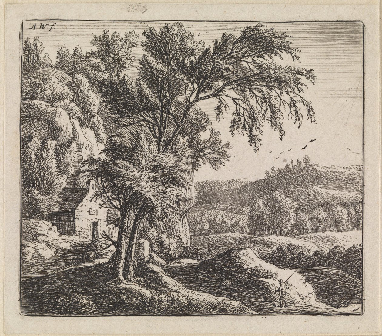 Paisagem com casa junto a uma parede rochosa de Anthonie Waterloo