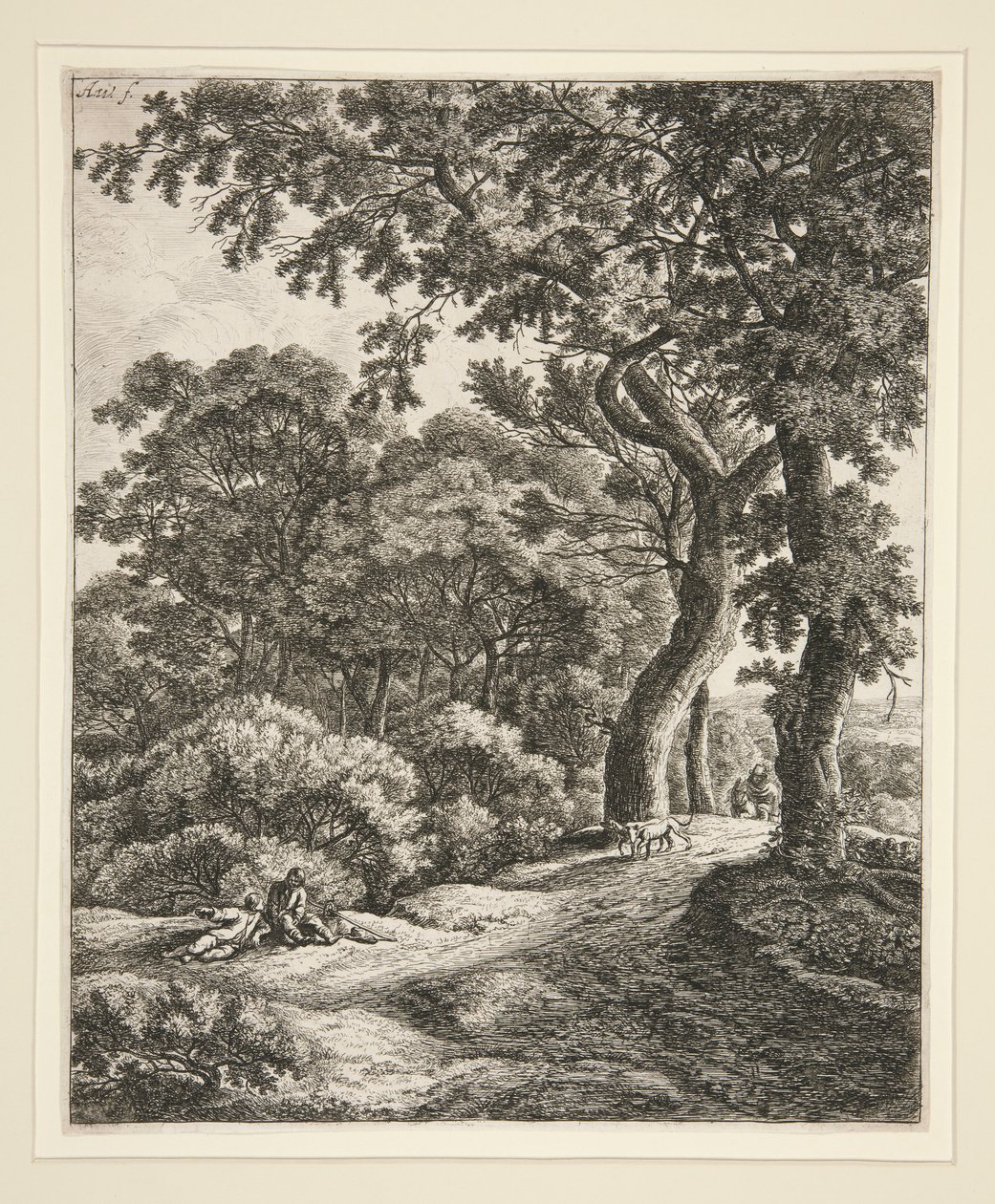 Os dois viajantes em repouso na madeira de Anthonie Waterloo