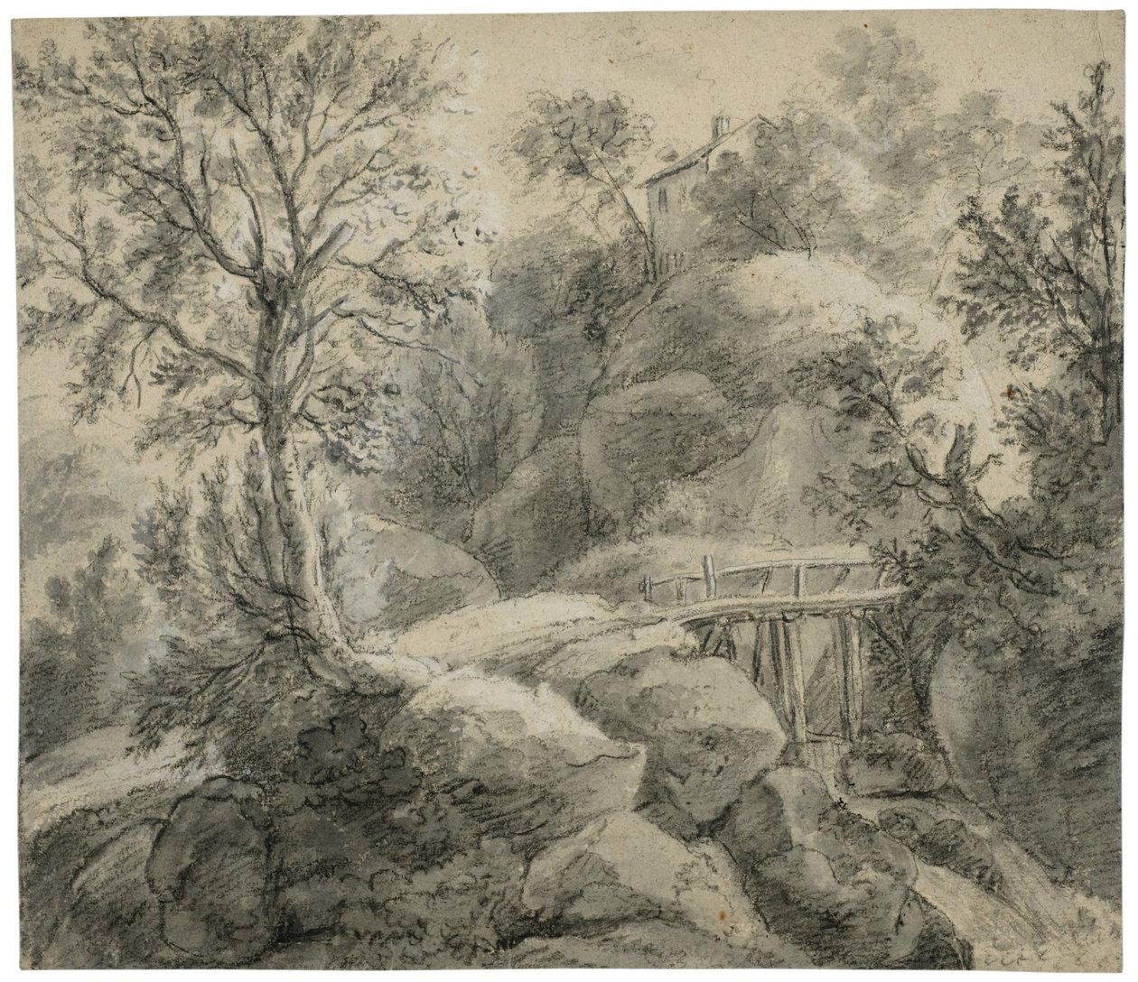Paisagem rochosa com uma ponte sobre um riacho de Anthonie Waterloo