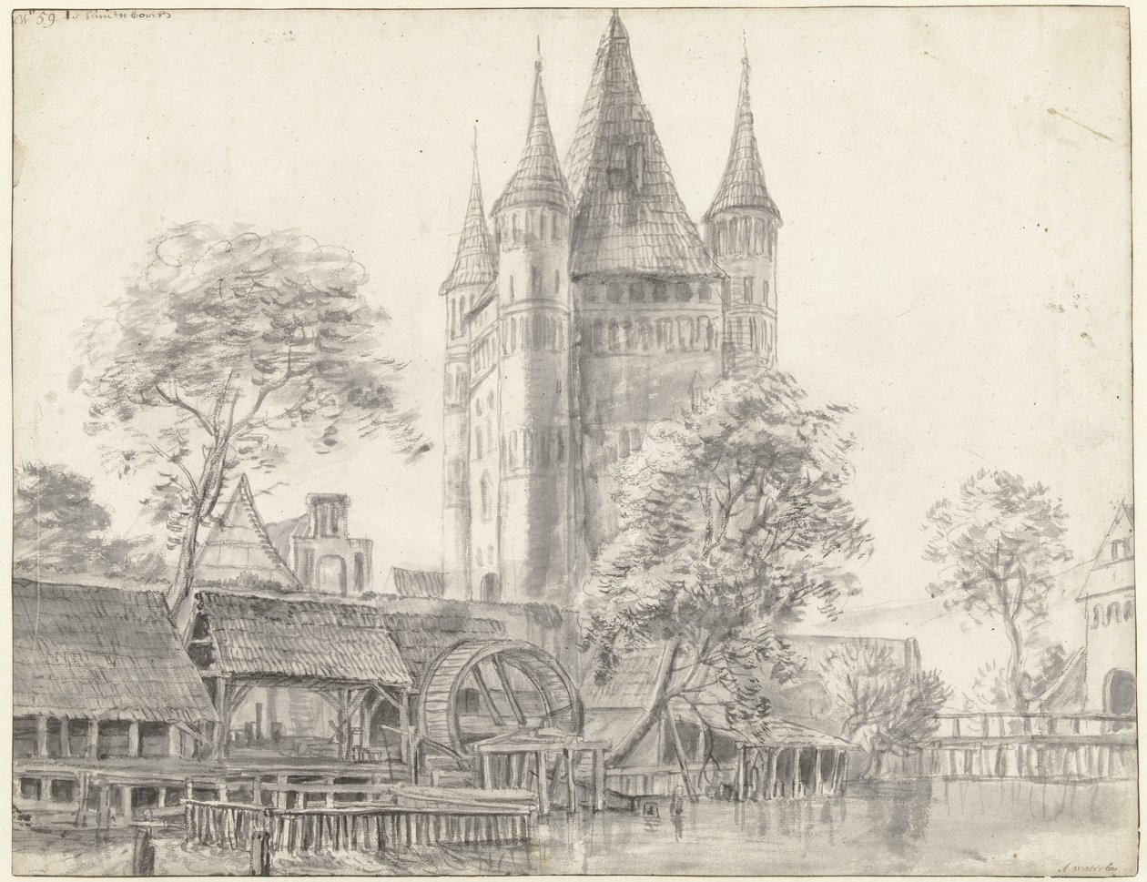 Portão da cidade Altenbrücker Tor e moinho de água em Lüneburg, perto de Hamburgo de Anthonie Waterloo
