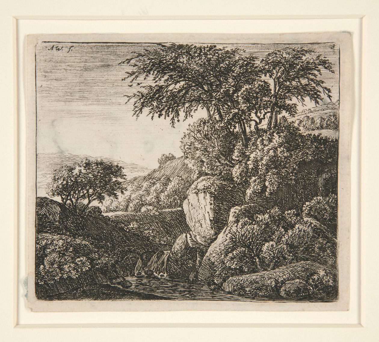 A Cachoeira Pequena, de um conjunto de 4 gravuras, B. 3-6 de Anthonie Waterloo