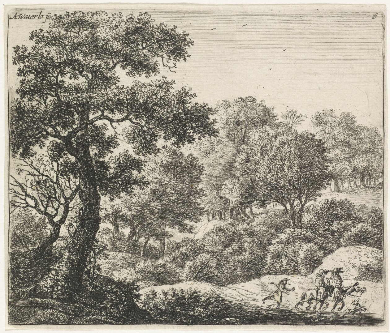 Dois cavaleiros num caminho florestal
Paisagens arborizadas (título da série) de Anthonie Waterloo