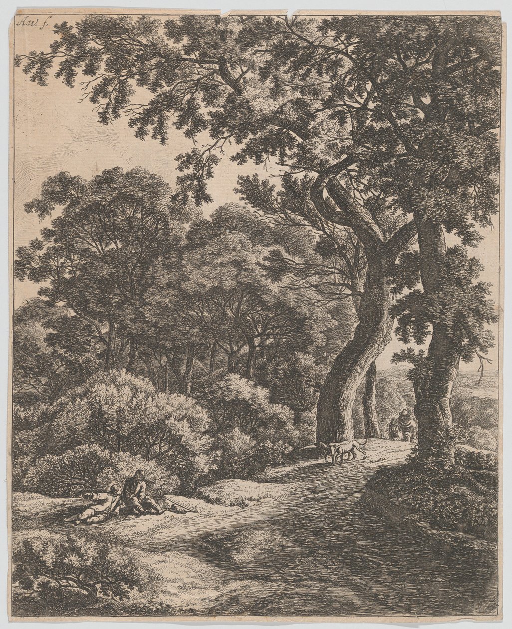 Dois viajantes descansando na floresta, século XVII. de Anthonie Waterloo