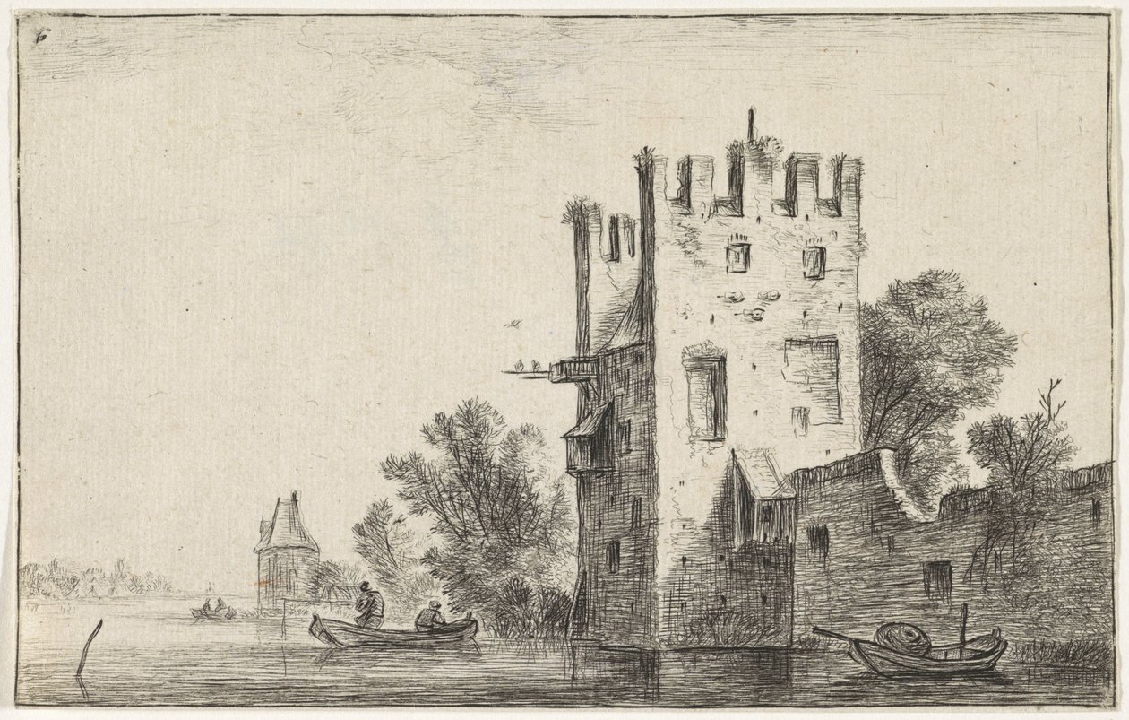 Torre quadrada na água Paisagens com edifícios (título da série) de Anthonie Waterloo