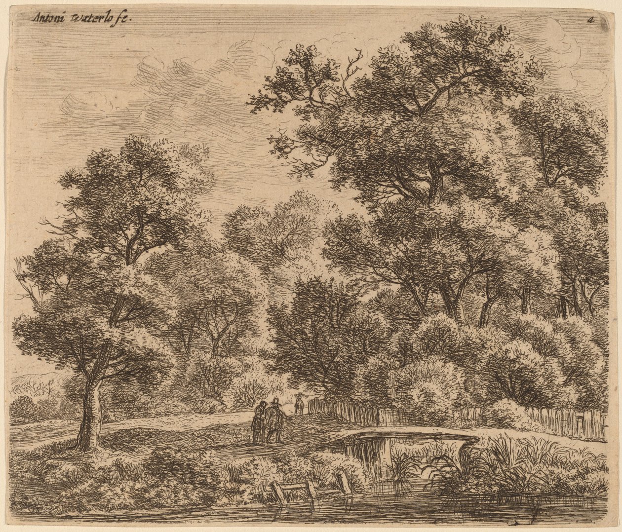 Paisagem arborizada com uma ponte de Anthonie Waterloo