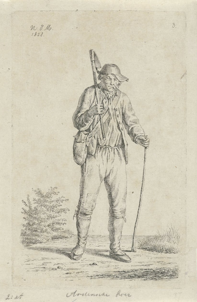Fazendeiro das Ardenas com enxada Fazendeiro das Ardenas (título no objeto) Agricultores e mulheres agricultoras do Reino Unido dos Países Baixos (título da série) de Anthonie Willem Hendrik Nolthenius de Man