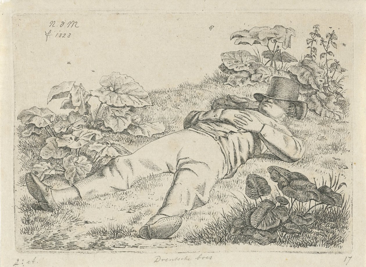 Homem deitado na grama Drentsche fazendeiro (título no objeto) de Anthonie Willem Hendrik Nolthenius de Man