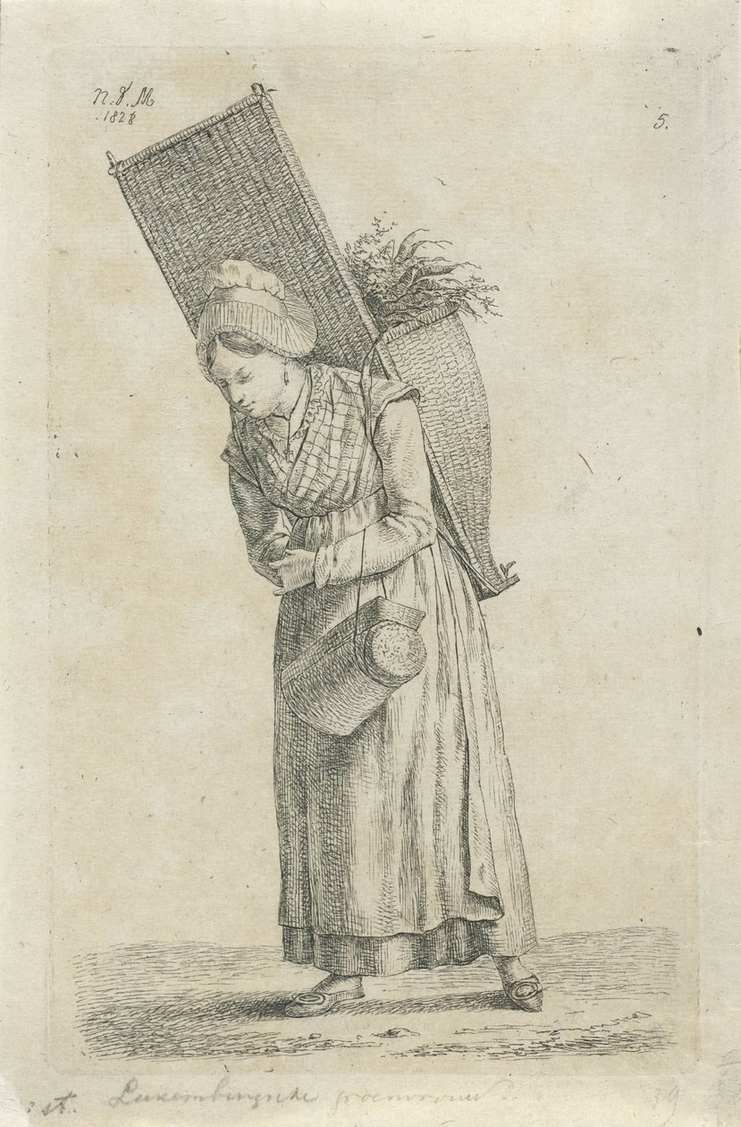 Mulher do Luxemburgo com um cesto nas costas
Mulher verde luxemburguesa (título sobre o objecto)
Camponeses e camponesas do Reino Unido dos Países Baixos (título da série) de Anthonie Willem Hendrik Nolthenius de Man