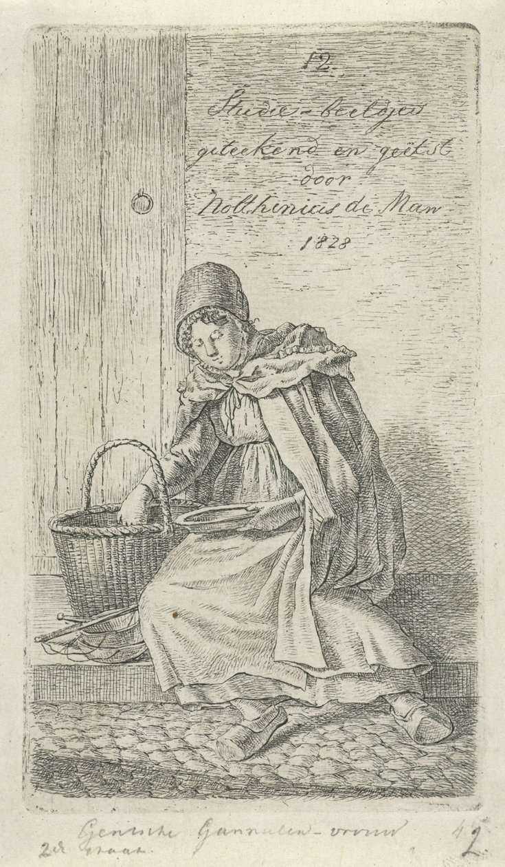 Mulher sentada com cesto e prato
Gentsche Garnalen woman (título sobre o objecto)
12 Figuras de estudo (título da série) de Anthonie Willem Hendrik Nolthenius de Man