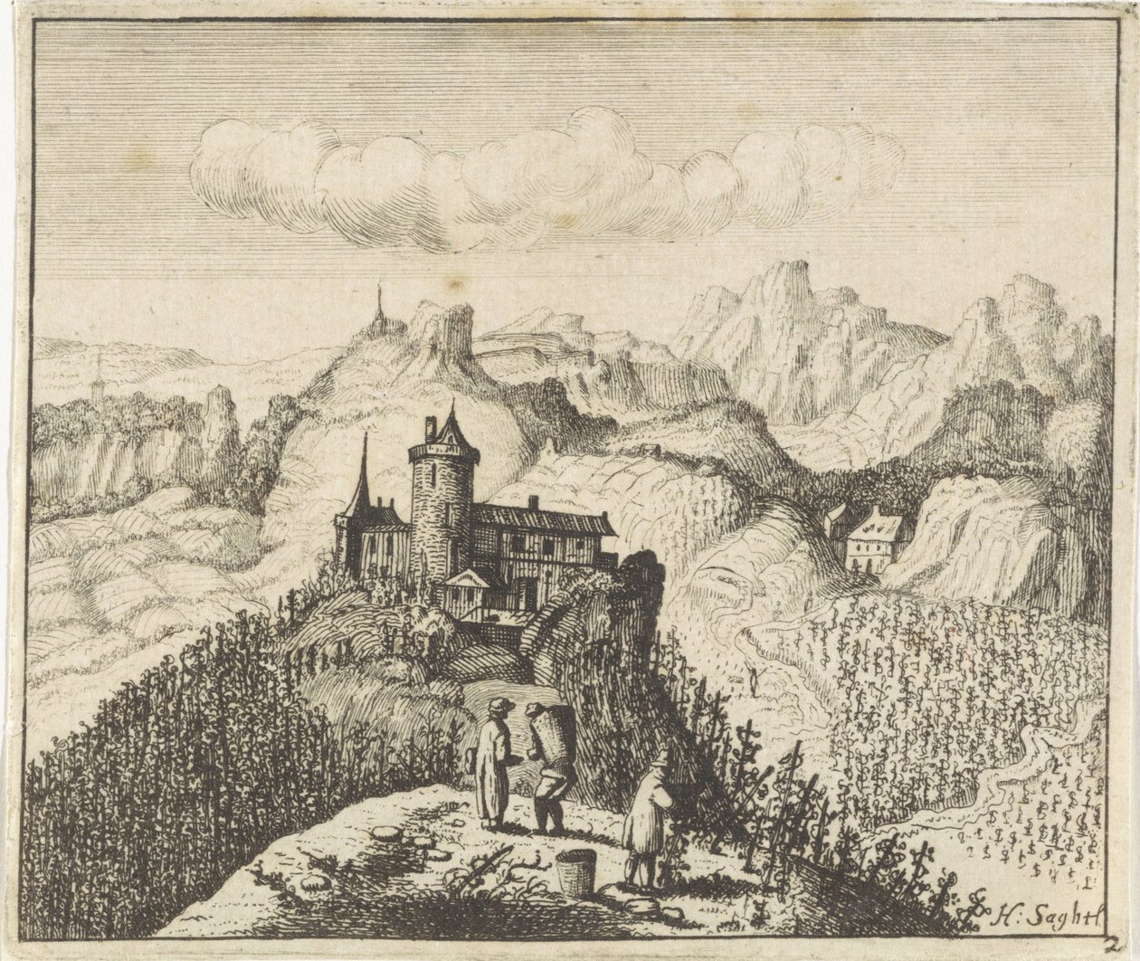Paisagem montanhosa com vindimadores de Anthonie de Winter (attributed to)