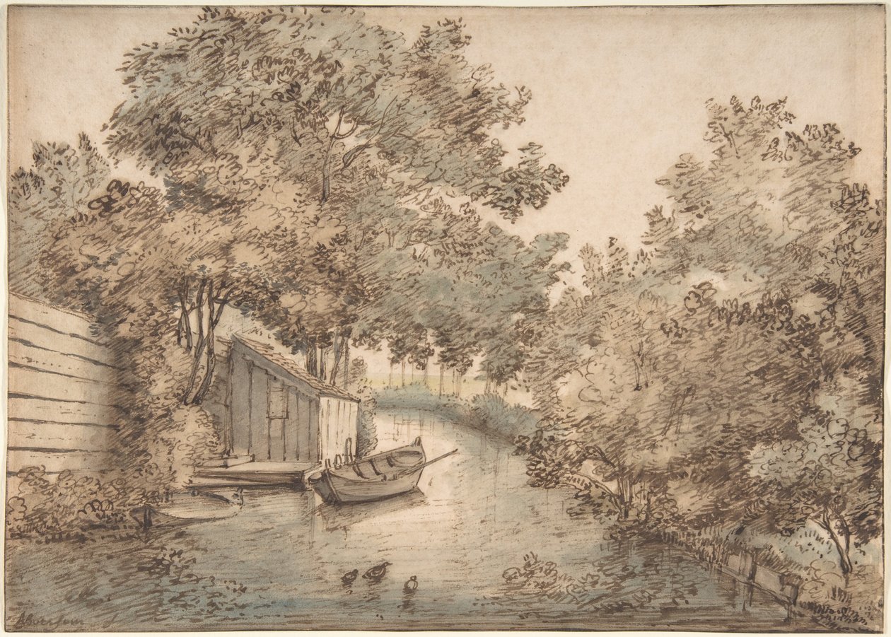 Canal com um barco e patos de Anthonie van Borssom