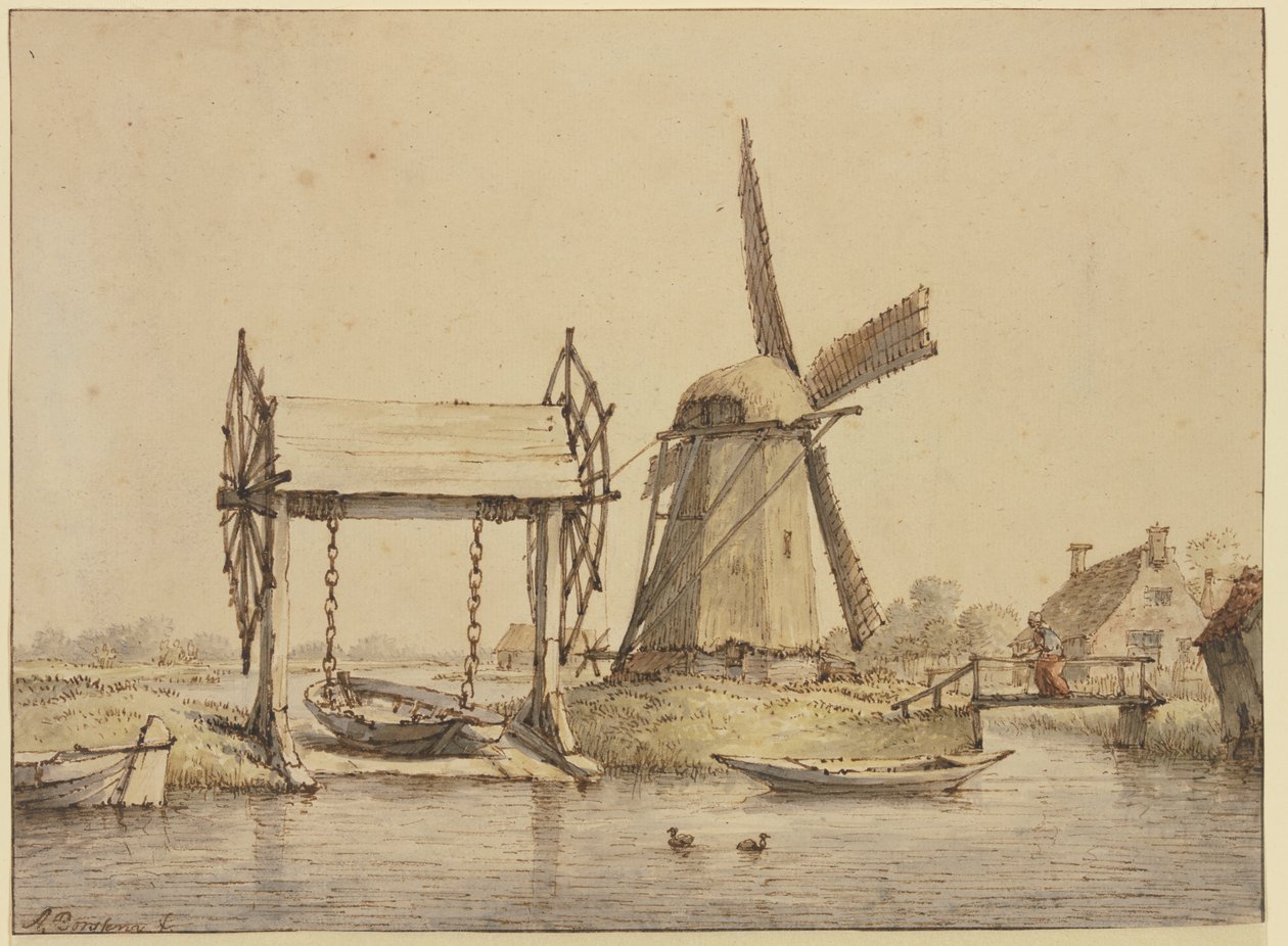 Paisagem com elevador de navios e moinho de Anthonie van Borssom