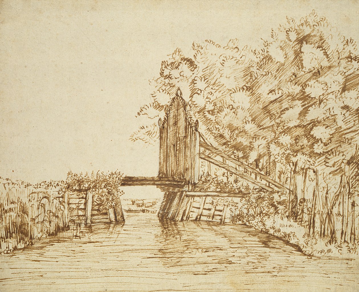 Pequena ponte sobre a água e o portão para a propriedade (caneta e tinta no papel) de Anthonie van Borssom