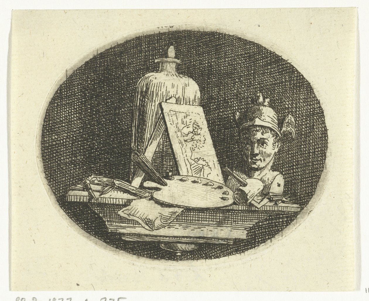 Natureza morta com paleta, pintura e busto de Mercúrio de Anthonie van den Bos
