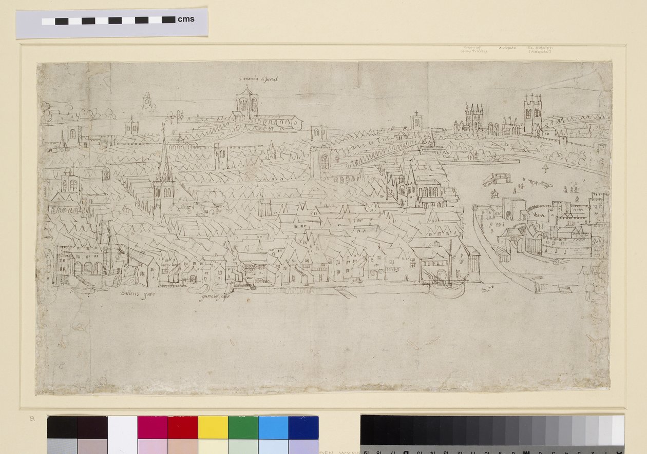 Billingsgate to Tower Wharf, do "Panorama de Londres", c.1544 (caneta e tinta e giz no papel) de Anthonis van den Wyngaerde