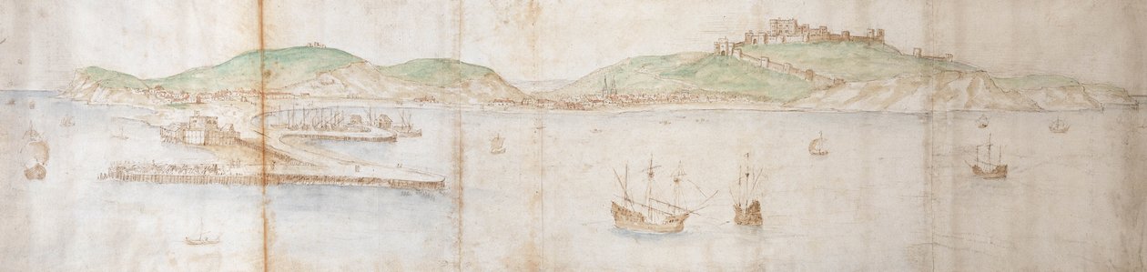 Dover from the Sea, do século 16 (caneta e tinta, giz e wc no papel) de Anthonis van den Wyngaerde