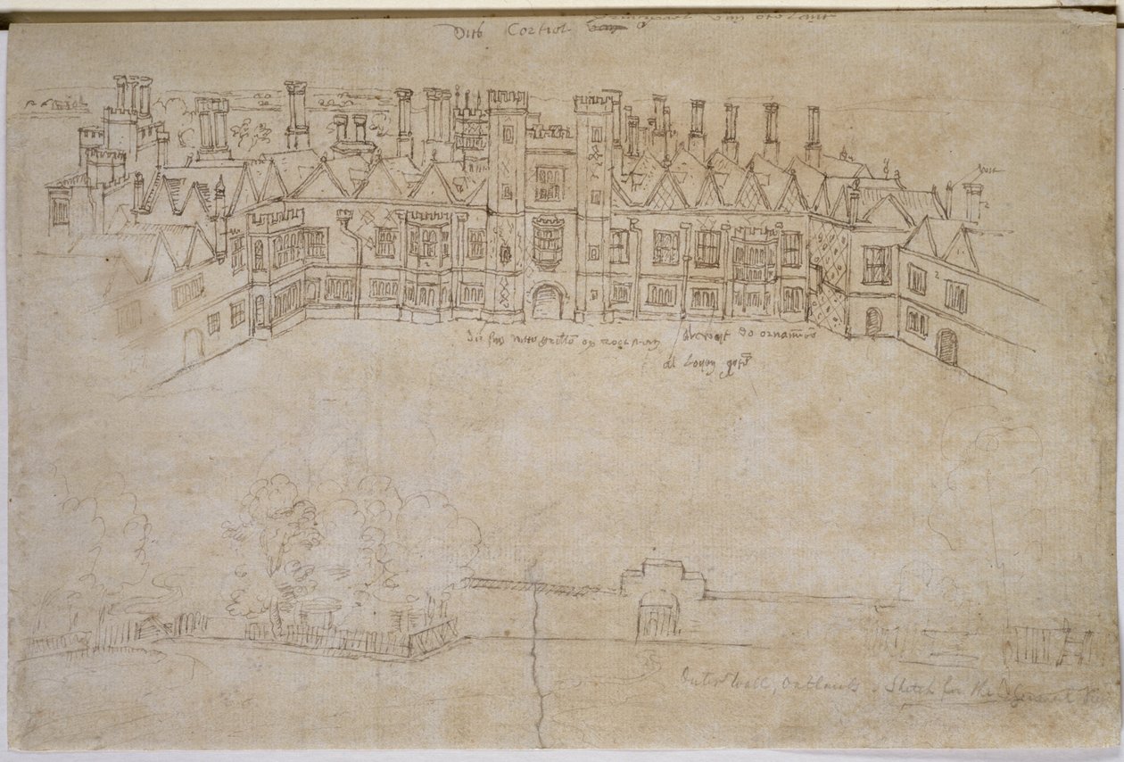 Pátio interior e parede exterior de Oatlands, Richmond Palace, século XVI (caneta e tinta sobre papel) de Anthonis van den Wyngaerde