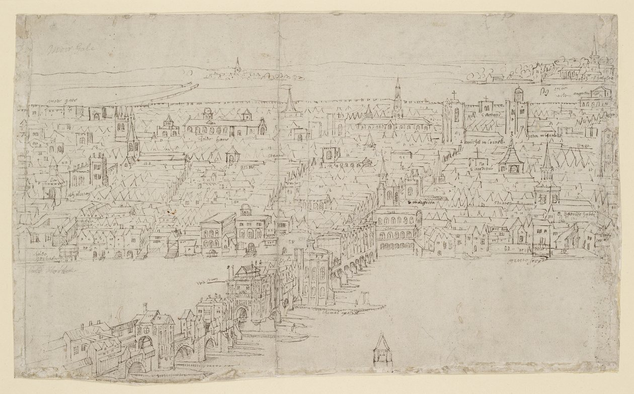 Ponte de Londres, do &39;Panorama de Londres&39;, c.1544 (caneta e tinta e giz no papel) de Anthonis van den Wyngaerde
