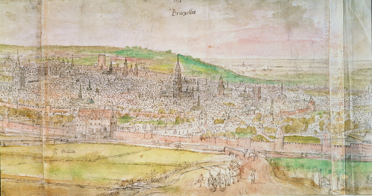 Vista panorâmica de Bruxelas, do século XVI (caneta e tinta e wc no papel) de Anthonis van den Wyngaerde