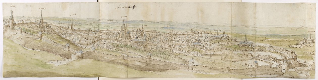 Vista panorâmica de Leuven do Noroeste (caneta e tinta marrom e aquarela sobre giz preto) de Anthonis van den Wyngaerde