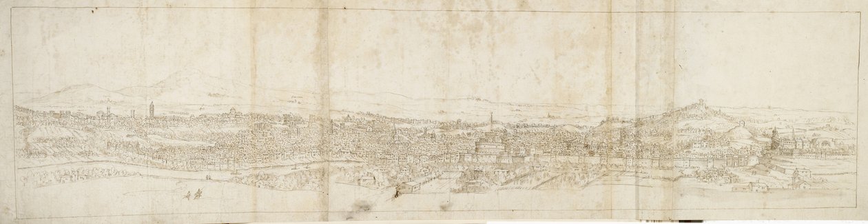 Vista panorâmica de Roma a partir de Monte Mario, Castel S. Angelo em primeiro plano (caneta e tinta marrom e marrom lavar giz preto) de Anthonis van den Wyngaerde