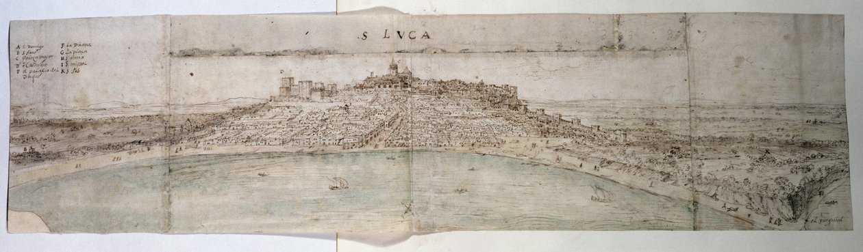 Vista panorâmica de San Lucar de Barrameda e paisagem adjacente do Sudoeste (caneta e tinta sobre papel) de Anthonis van den Wyngaerde