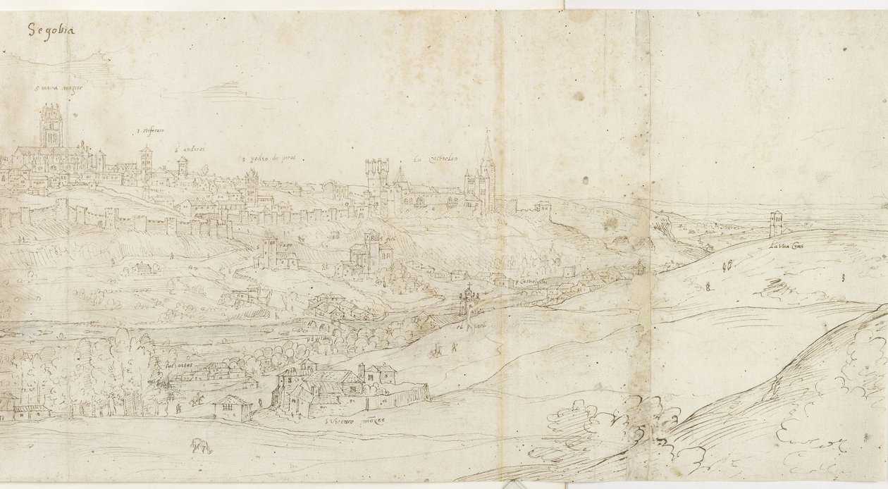 Vista panorâmica de Segovia do leste (caneta e tinta marrom com toques de azul sobre giz preto) de Anthonis van den Wyngaerde