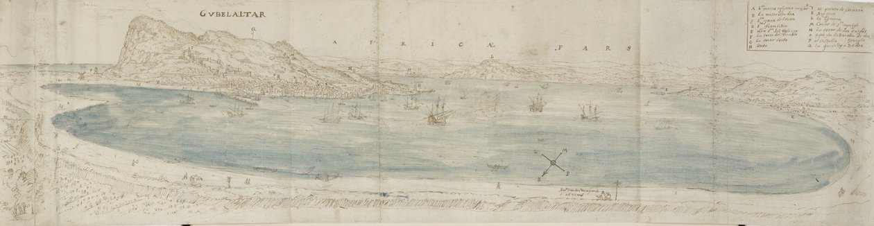 Vista panorâmica sobre a Baía de Gibraltar, olhando para a cidade e a costa africana além (caneta e tinta marrom com lavagem azul sobre giz preto) de Anthonis van den Wyngaerde