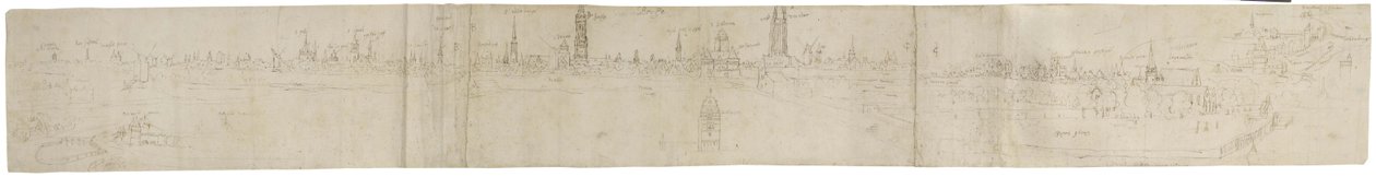 Recto: Esboço preliminar para uma vista de Bruges do Sudoeste, 1558 (caneta e tinta marrom sobre traços de giz preto) de Anthonis van den Wyngaerde