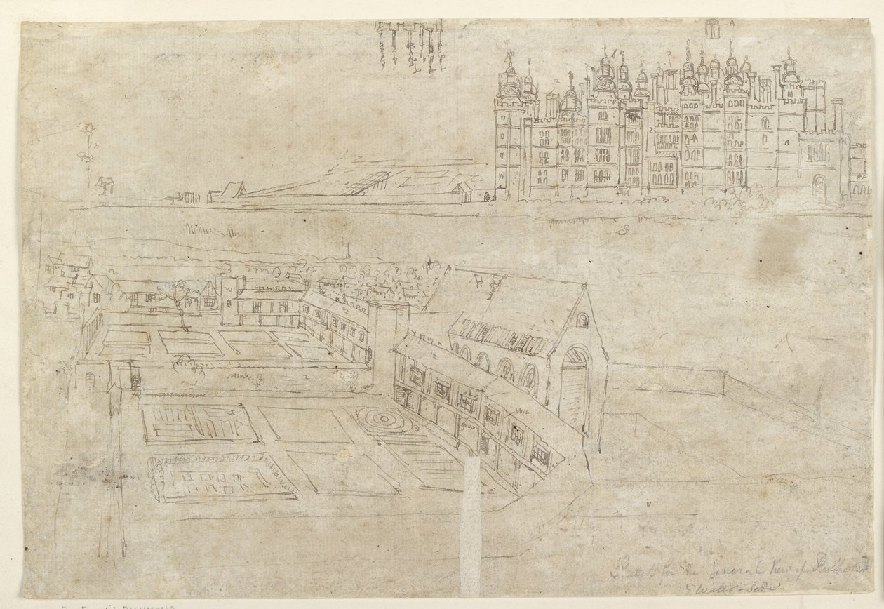 Recto: The River Front do Richmond Palace e Privy Gardens (caneta e tinta marrom sobre indicações fracas em giz preto) de Anthonis van den Wyngaerde