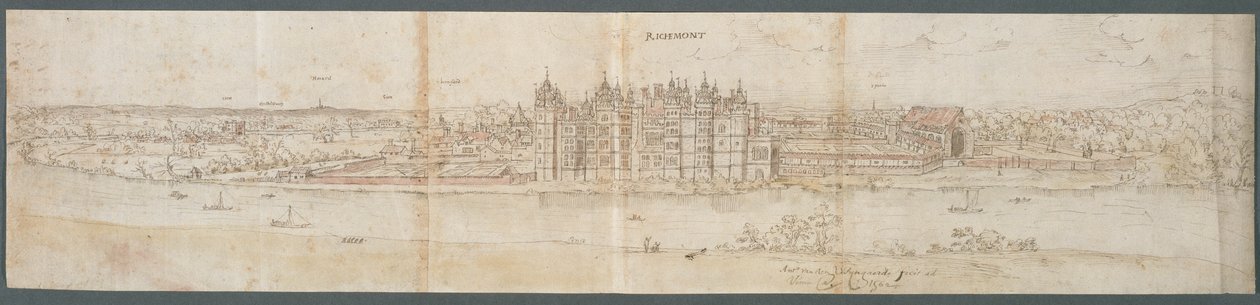Richmond Palace from across the Thames, 1562 (caneta, tinta e wc no papel) de Anthonis van den Wyngaerde