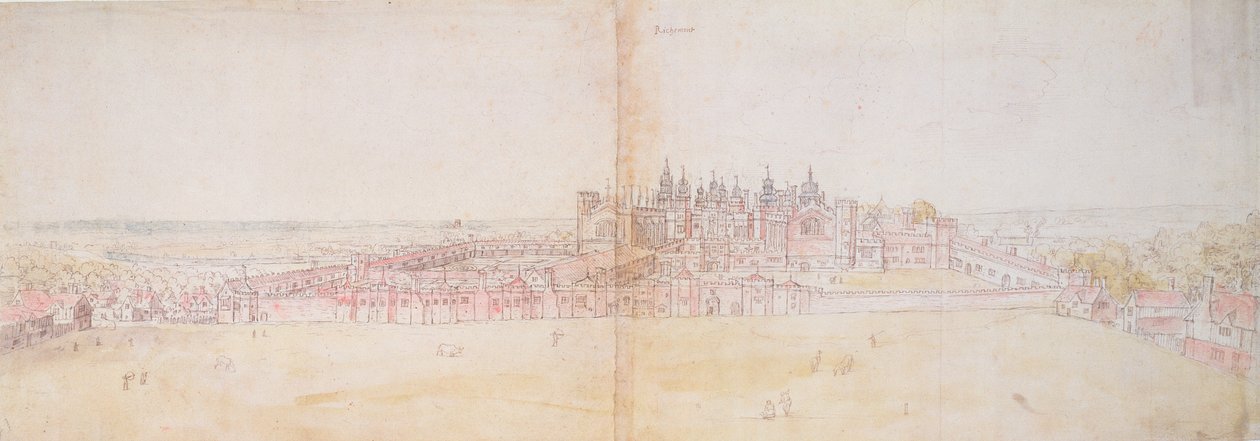 Palácio de Richmond do nordeste, 16o século (pena e tinta e wc no papel) de Anthonis van den Wyngaerde