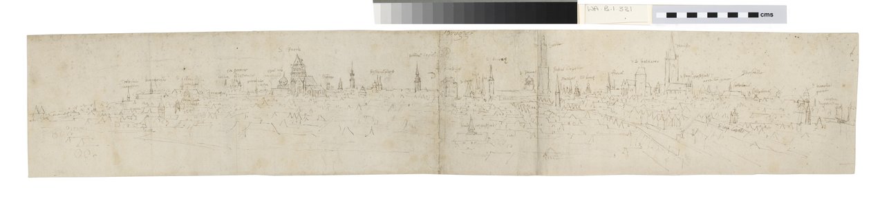 Estudo para a porção esquerda de uma vista de Bruges do Sudoeste (caneta e tinta marrom sobre traços de giz preto) de Anthonis van den Wyngaerde