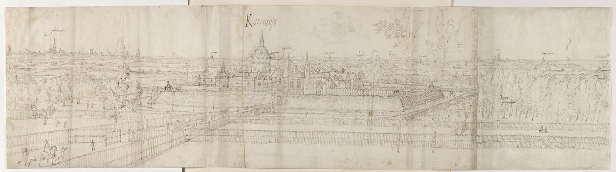 Vista do Palácio de Cantecroy, perto de Antuérpia e do campo circundante, 1557-58 (caneta e tinta marrom sobre giz preto) de Anthonis van den Wyngaerde