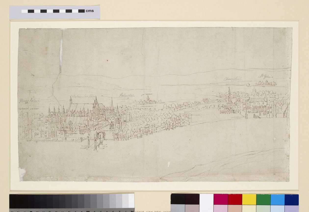 Palácio de Westminster, do "Panorama de Londres", c.1544 (caneta e tinta e giz sobre papel) de Anthonis van den Wyngaerde