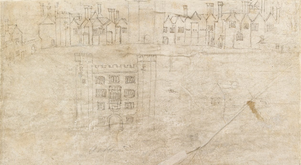 Edifícios ao longo da frente sul do Palácio de Oatlands, década de 1550 de Anthonis van den Wyngaerde