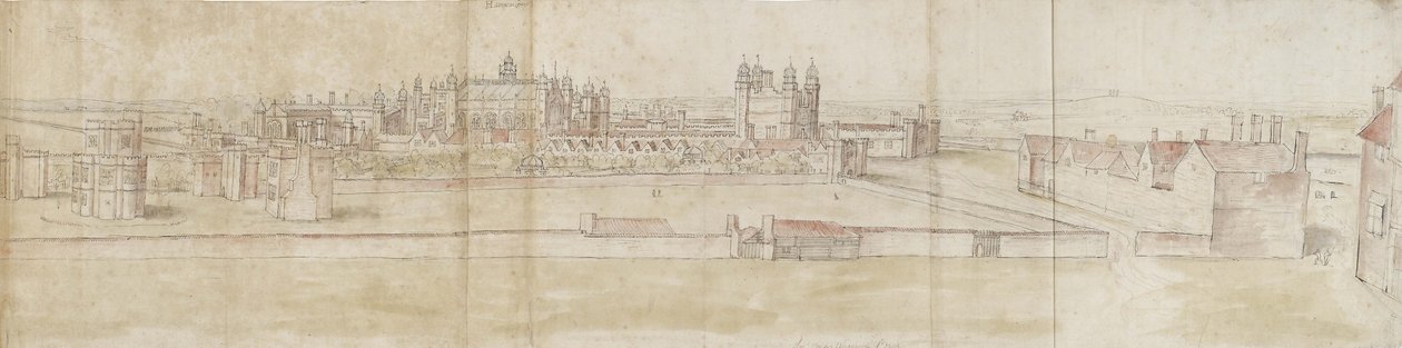 Hampton Court Palace do Norte (caneta e tinta marrom e aquarela sobre indicações fracas em giz preto) de Anthonis van den Wyngaerde