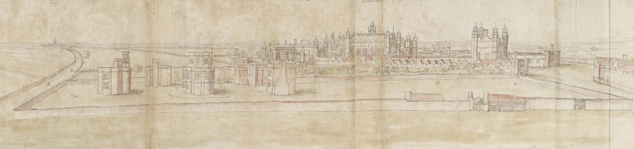 Hampton Court Palace do Norte (caneta e tinta marrom e aquarela sobre indicações fracas em giz preto) de Anthonis van den Wyngaerde
