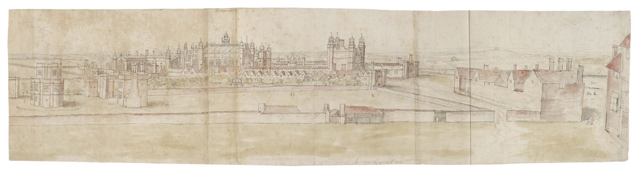 Hampton Court Palace do Norte (caneta e tinta marrom e aquarela sobre indicações fracas em giz preto) de Anthonis van den Wyngaerde