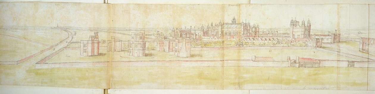 Hampton Court Palace do Norte, c.1544 (caneta, tinta e wc no papel) de Anthonis van den Wyngaerde
