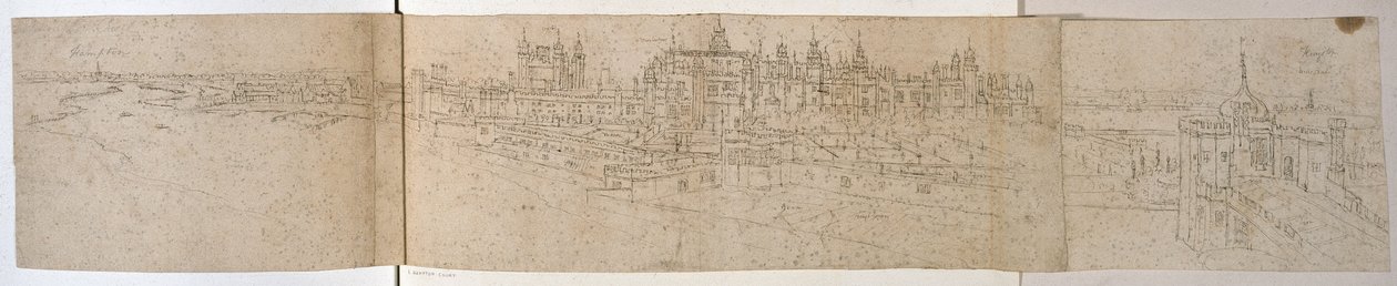 Hampton Court Palace do rio, c.1544 (caneta e tinta no papel) de Anthonis van den Wyngaerde