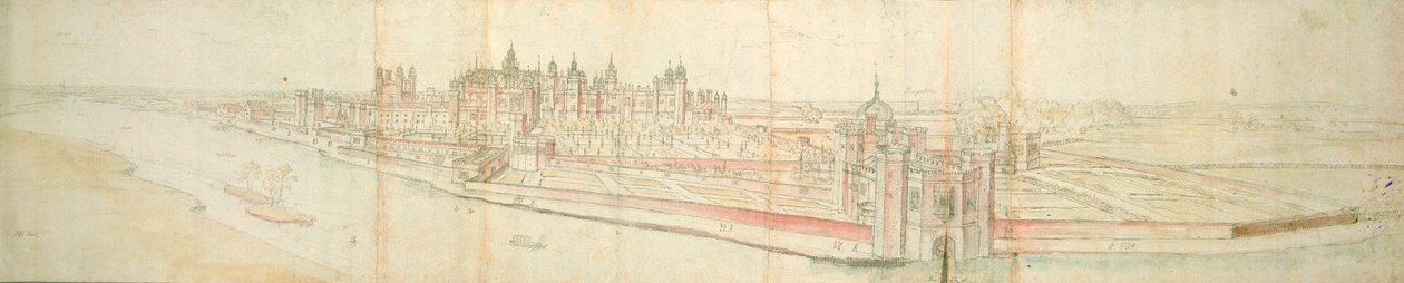 Hampton Court Palace do rio, c.1544 (caneta, tinta e wc no papel) de Anthonis van den Wyngaerde
